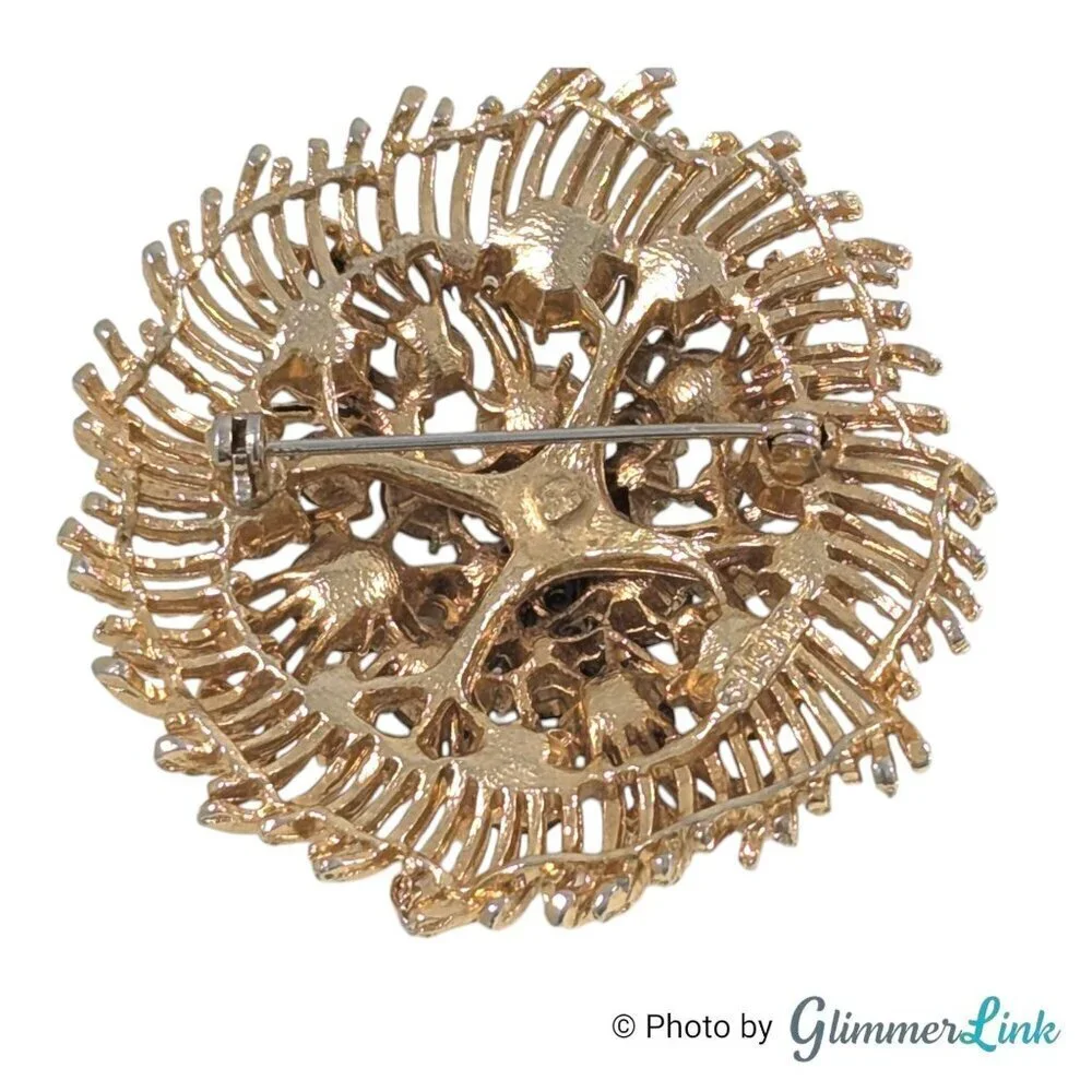 Vintage 60s Lisner Round Floral Green Blue Rhinestone Crystal Gold Tone Brooch